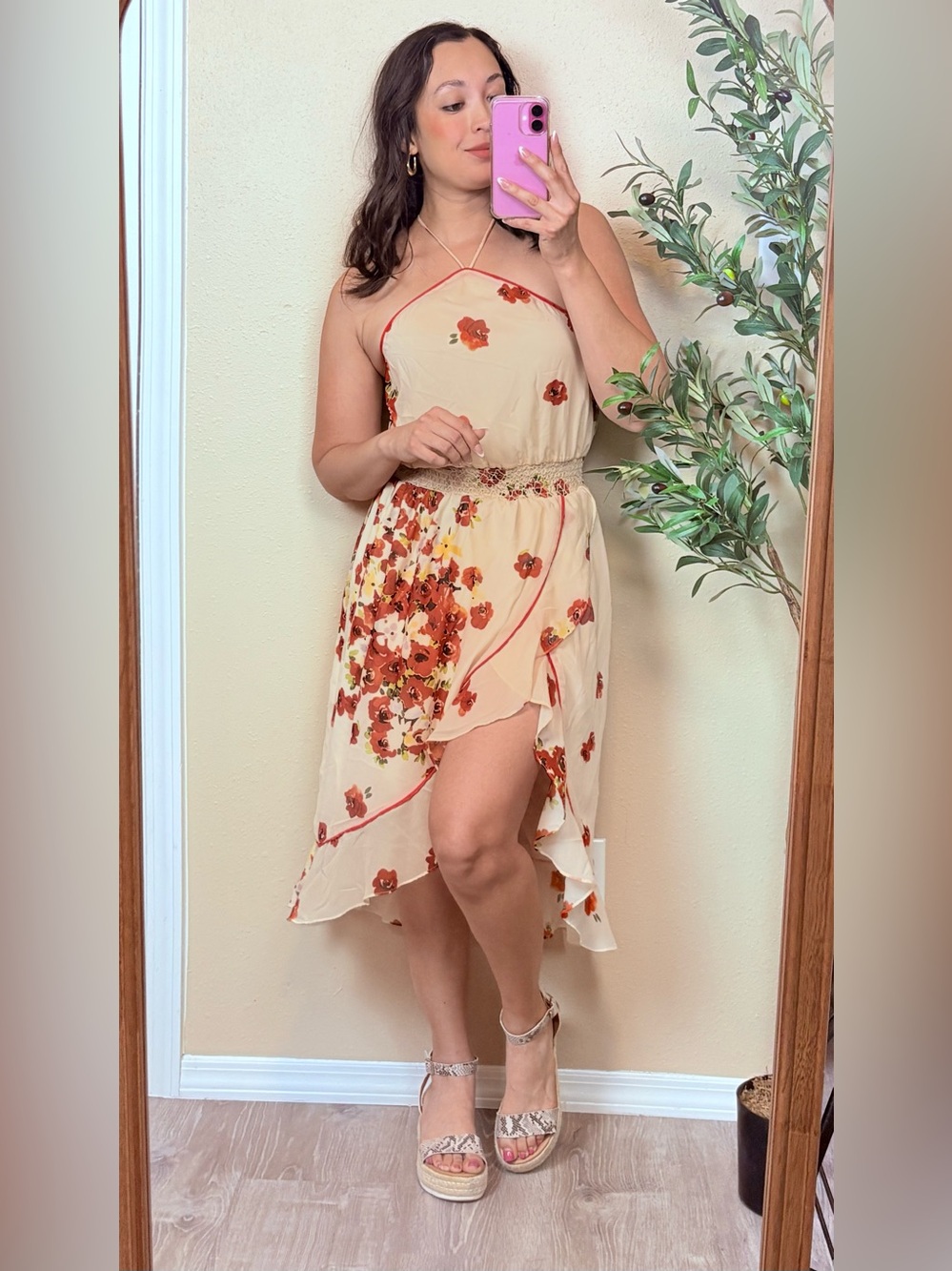 House of Harlow | Floral Halter High-Low Dress in Cream with Rust Blooms